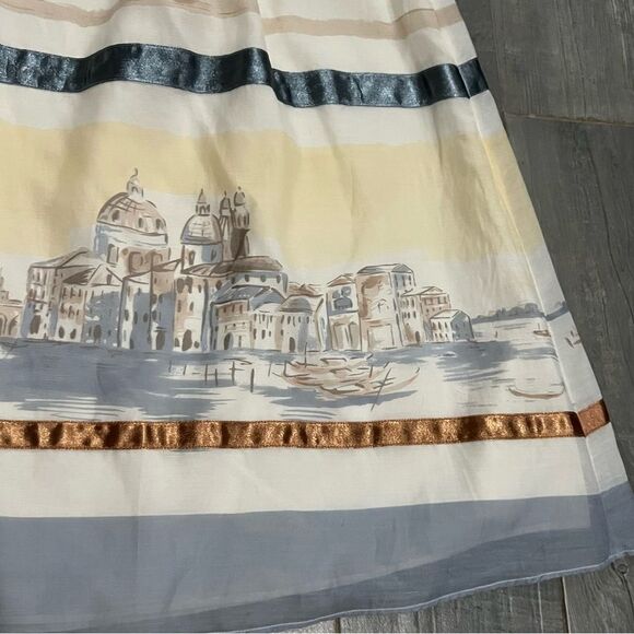 Due Per Due silk Blend Ivory Gondola Boat Print Ribbon A line Peasant Skirt 4 S - Picture 6 of 11